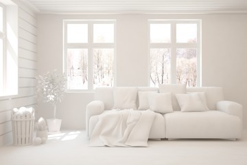 Mock up of stylish room in white color with sofa and winter landscape in window. Scandinavian interior design. 3D illustration