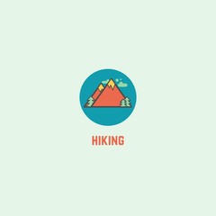 Mountain peak. Сamping Logo. Camping, Travel, Hiking, recreation concept. Outdoor lifestyle. Minimalistic round Icon. Cartoon style, flat design. Trendy Vector illustration. Icon is isolated