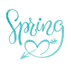 Vector illustration with inscription Spring, in hand writing style, lettering  with heart, with leaves and texture, for meeting spring, spring holidays, printing on fabric or paper, and digital