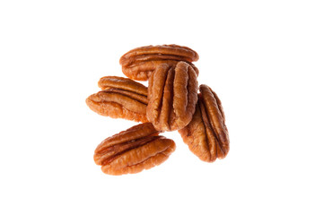 Brown pecan nut isolated on white background. Healthy and diet food.