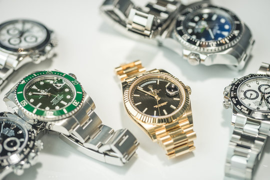 Grande Praire, Canada - July 17, 2017: Collection of Luxury Rolex watches on a display