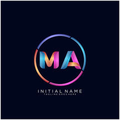 Initial letter MA curve rounded logo, gradient vibrant colorful glossy colors on black background