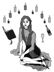 Witch studying and drinking wine
