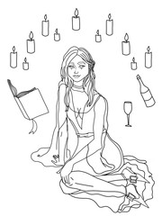 Witch studying and drinking wine coloring page