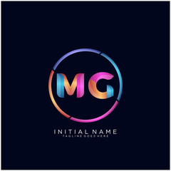 Initial letter MG curve rounded logo, gradient vibrant colorful glossy colors on black background - obrazy, fototapety, plakaty