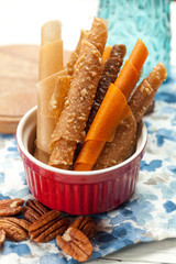 Fruit roll up bar, pastille. Natural and healthy snack food. Raw vegetarian nutrition.