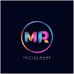 Initial letter MR curve rounded logo, gradient vibrant colorful glossy colors on black background