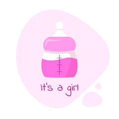 It's a girl icon. Pink bottle for milk, baby shower in flat style