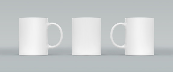 White coffee or tea cup on gray background. Blank mug mock up with different sides. Empty gift pint...