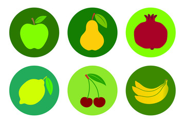 Fruits icons set. Fruits signs in the circle isolated on white background. Symbols: apple, pear, lemon, cherry, pomegranate, banana. Vector illustration