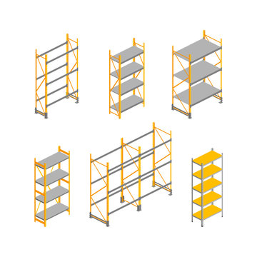 Isometric empty warehouse shelves set isolated on white. 3d metallic rack. Storage equipment vector illustration. Logistic and delivery service elements collection for web, design, infographics, apps