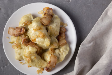 Pierogi, dumplings served with caramelized salted onion in bowl. Traditional Polish dish - pierogi or dumplings with meat, potatoes, mushrooms, sour cream and fried onions. Close up, space for text. V