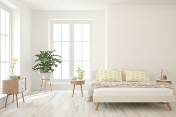 Stylish bedroom in white color. Scandinavian interior design. 3D illustration