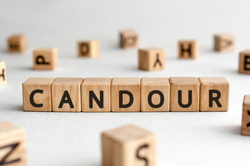 Candour - words from wooden blocks with letters, honest truth candour concept, white background