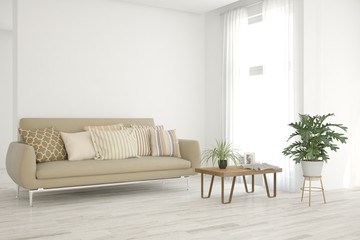 Stylish room in white color with sofa. Scandinavian interior design. 3D illustration