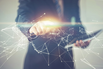 business man pointing index finger to visual network