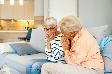 Taking care of crying friend. Two mature female having serious conversation. Mature friends supporting and comforting each other sitting on sofa pain of loss.
