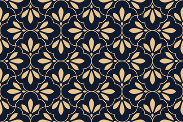 Flower geometric pattern. Seamless vector background. Gold and dark blue ornament. Ornament for fabric, wallpaper, packaging. Decorative print