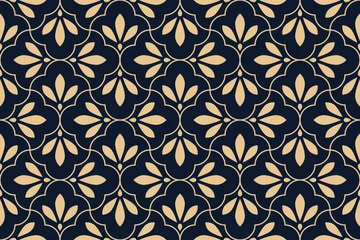 Gordijnen Geometrische bloempatroon. Naadloze vectorachtergrond. Goud en donkerblauw ornament. Ornament voor stof, behang, verpakking. Decoratieve print © ELENA
