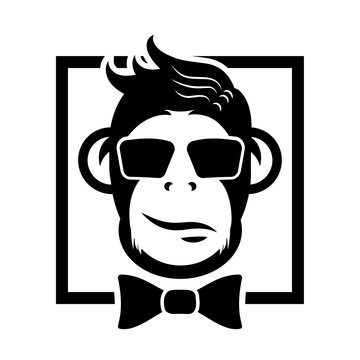 Monkey in a bow-tie. black and white vector image. Logo stylish monkey.