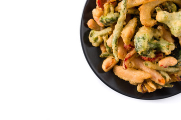 Japanese vegetable tempura isolated on white background. Top view copy space