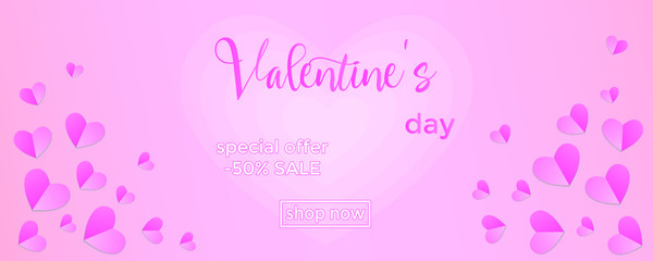 Fototapeta na wymiar Valentine's Day Sale Banner, 14 February celebrating, love, gradient background with paper hearts and handwriting sign. Vector illustration in soft pink colors.