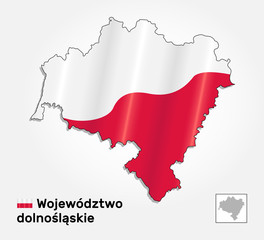 Map of Poland voivodeship Lower Silesian combined with waving Polish national flag. Silhouette or borders for geographic themes - Vector .