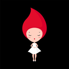 Kawaii girl-a drop of blood. Cute character in a white dress and shoes to illustrate menstruation or female period. Vector flat stock illustration on a black background.