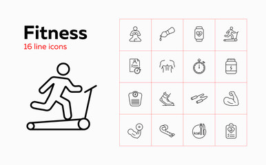 Fitness icons. Set of line icons on white background. Gym, exercise, sports equipment. Training concept. Vector can be used for topics like sport, healthy lifestyle, wellbeing