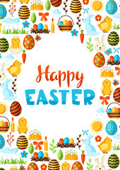 Happy Easter greeting card with holiday items.