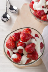 Strawberries with cream for two. Served on the table. Perfect for breakfast. Close-up shot. Free space for text.