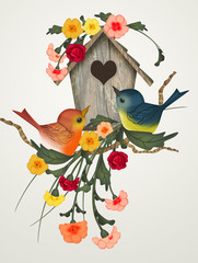 illustration of bird house in spring