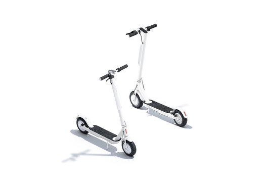 Blank white electric scooter with banner mockup, front and back