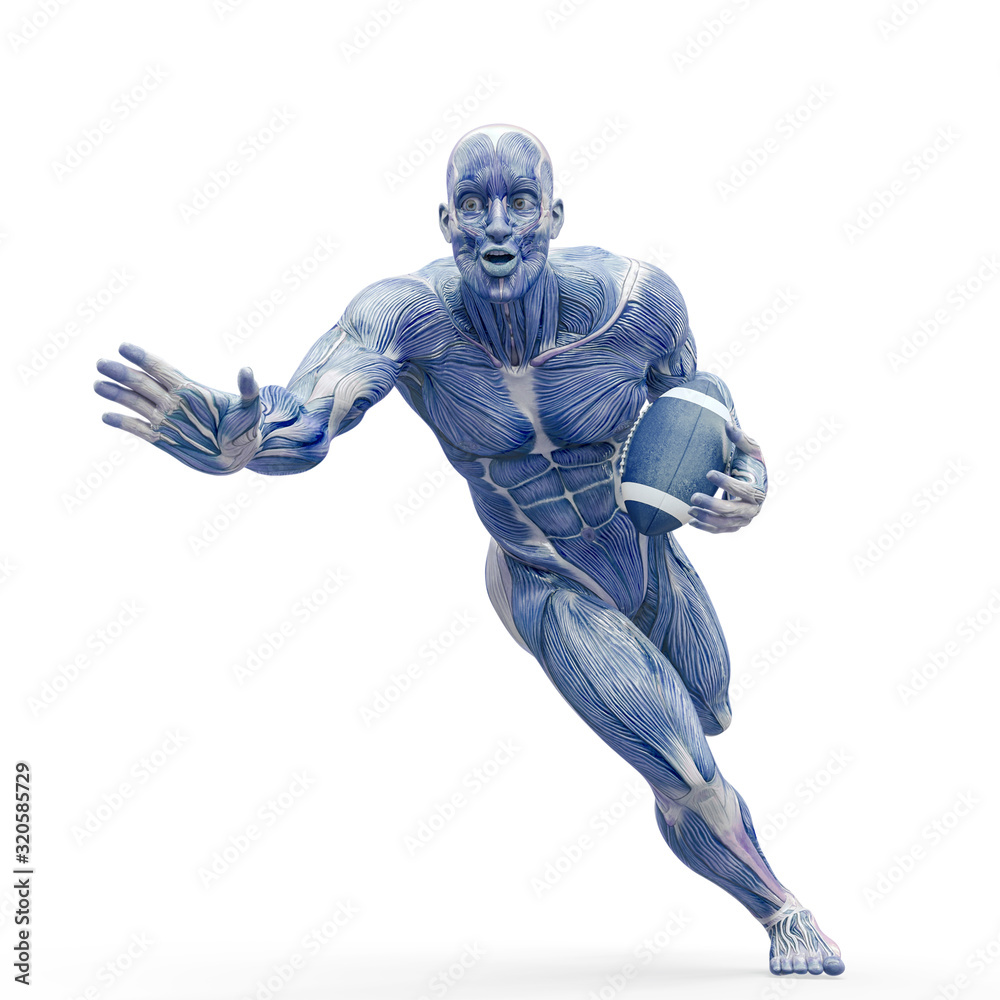 Wall mural muscleman anatomy heroic body playing american football in white background