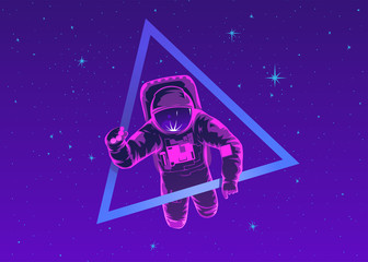 Cosmonaut in spacesuit performing spacewalk against stars and planets in background. flight in space. Human spaceflight. Modern colorful vector illustration.