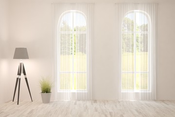 Stylish empty room in white color with summer landscape in window. Scandinavian interior design. 3D illustration