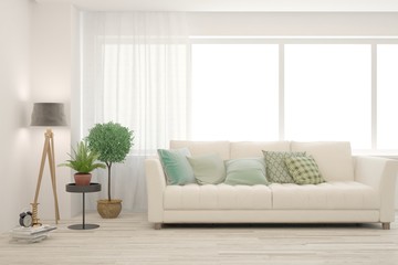 Stylish room in white color with sofa. Scandinavian interior design. 3D illustration