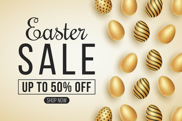 Web banner for Easter big sale. Festive template for your design. Gift card. Golden eggs with a pattern. Vector illustration