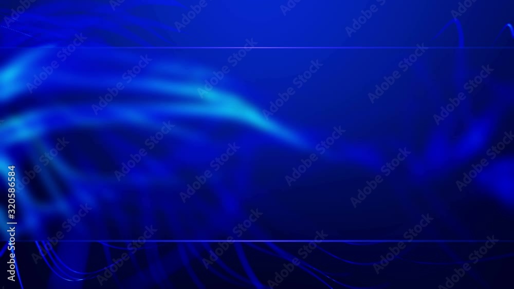 Wall mural glowing 3d curves waves rippling on abstract blurred blue frame background. 4k uhd seamless loop ani
