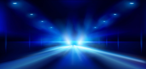 Street in the fog at night. Spotlights on dark background. Abstract blue background. Show on stage. Vector illustration.