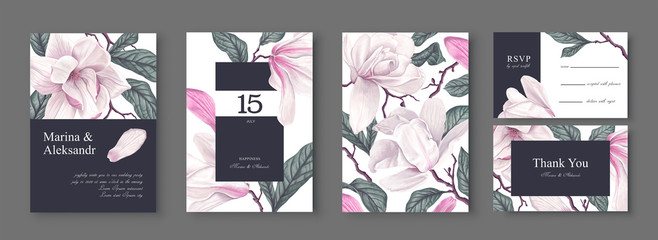 Botanical wedding invitation card template design, white magnolia flowers and leaves. Template design with highly detailed, vector, realistic, spring flowers. Collection of Save the Date and RSVP. - obrazy, fototapety, plakaty