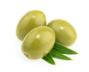 Green olives isolated on white background
