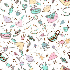 Seamless pattern with cute hand-drawn objects, beads, crown, cup, sweets, candies, holiday pattern isolated on a white background, vector eps10