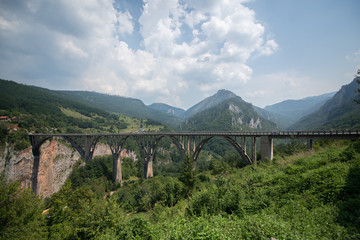 Durdevica arched Tara Bridge over green Tara Canyon. One of the world deepest Canyons and UNESCO World Heritage, Montenegro.