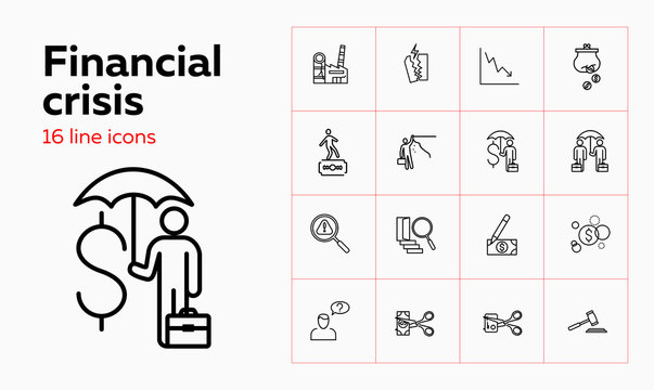 Financial Crisis Line Icon Set. Risk, Insurance, Forgery. Finance Concept. Can Be Used For Topics Like Financial Loss, Crash, Bankruptcy