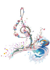 Abstract treble clef decorated with summer and spring flowers, notes. Hand drawn vector illustration.
