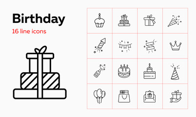 Birthday line icon set. Cupcake, gifts, greeting card. Celebration concept. Can be used for topics like surprise party, holiday, congratulation