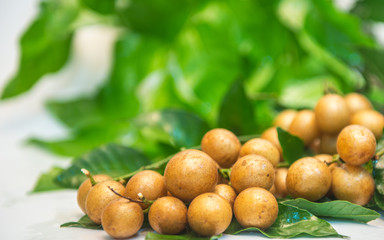 Some wampee and green leaves on a white background.