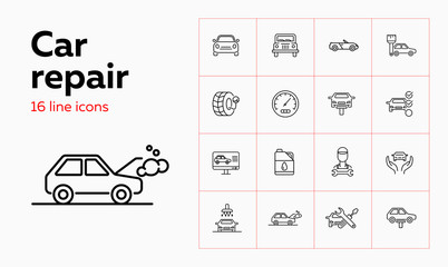 Car repair icon set. Set of line icons on white background. Auto concept. Car, repair service, master. Vector illustration can be used for topics like car, auto, mechanical, service