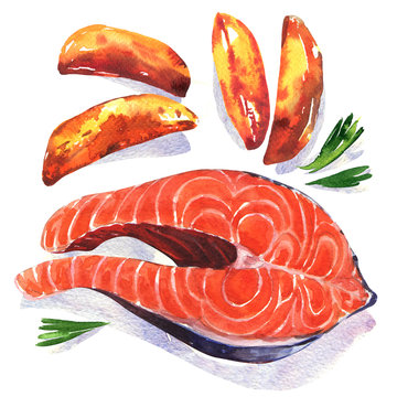 Salmon steak red fish with fresh baked potato wedges with herbs, close-up, isolated, hand drawn watercolor illustration on white background